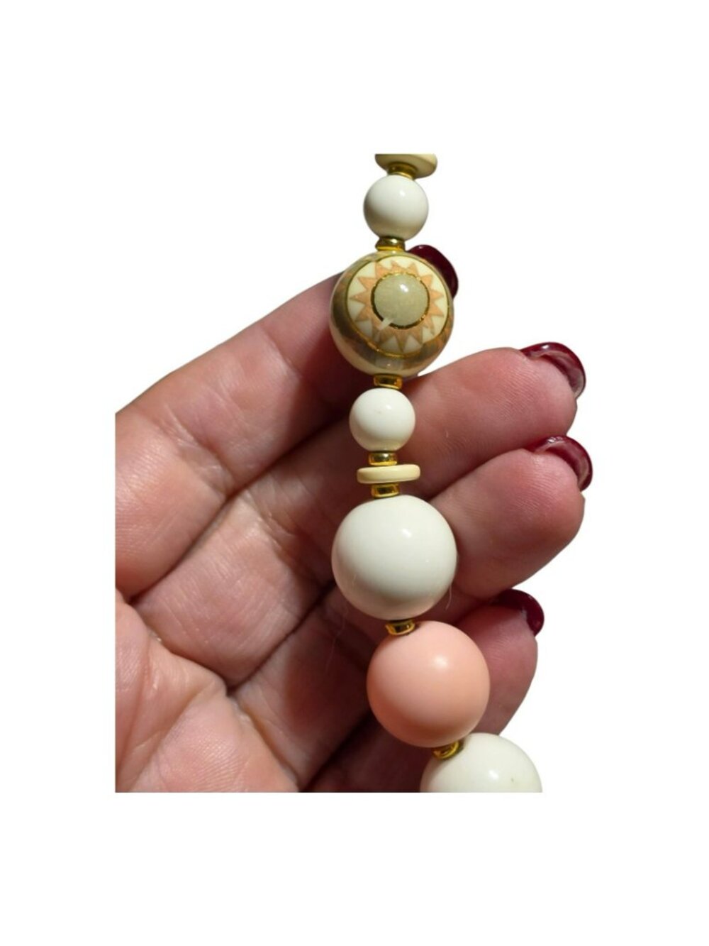 Vintage Pastel Pink White Plastic Bead Necklace Decorative Gold Accents - Picture 2 of 5